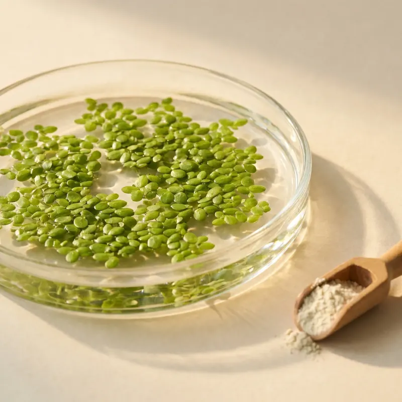 A close view of Lemna leaves floating in a shallow glass dish, each one a small green oval.