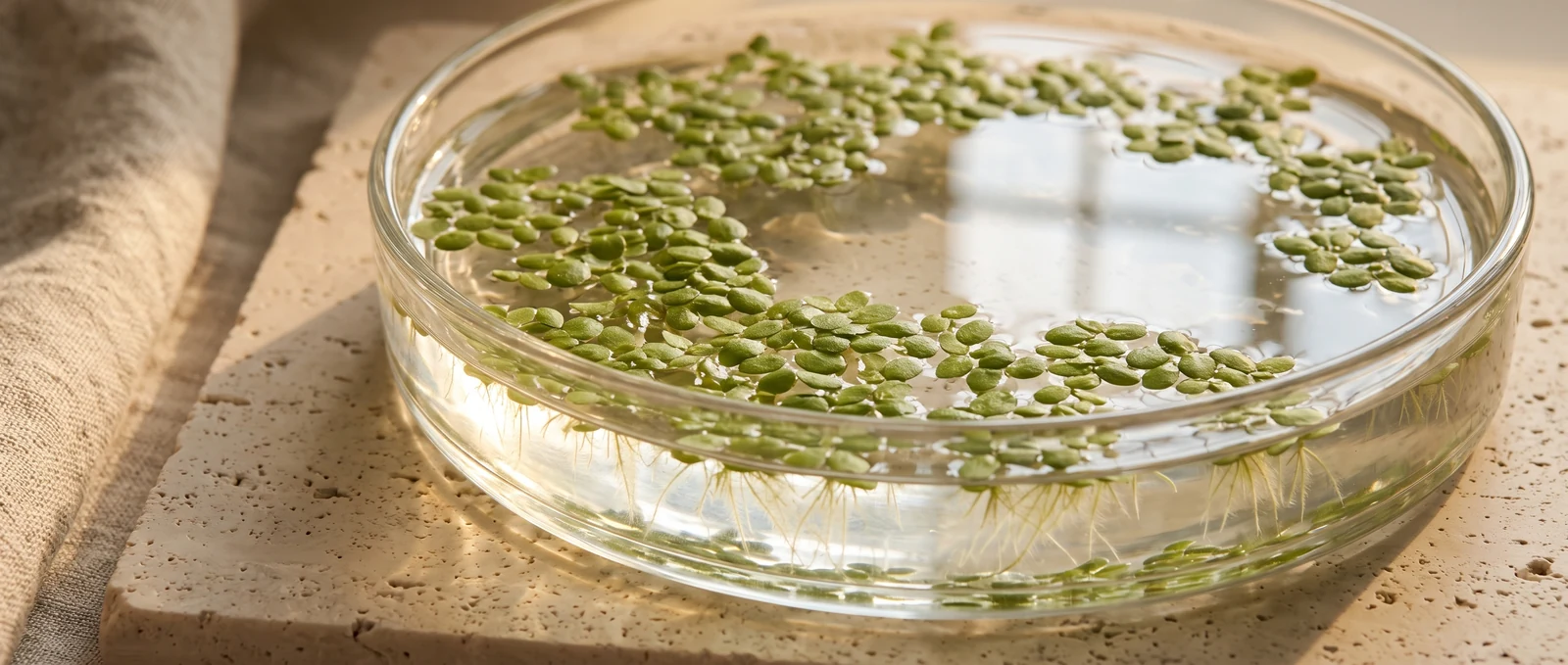 Small green Lemna leaves floating on clear water in a shallow glass basin, their fine roots visible below the surface, in warm window light.