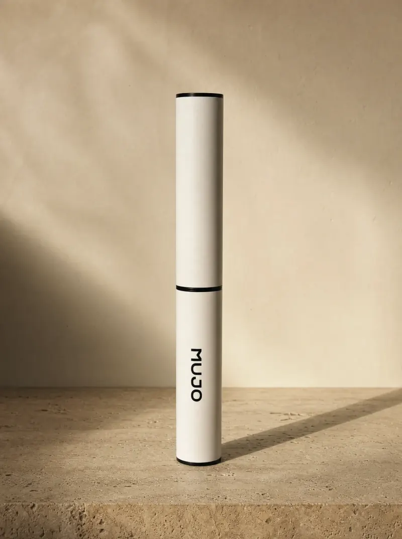 Mujo electric milk frother, capped and standing upright on travertine
