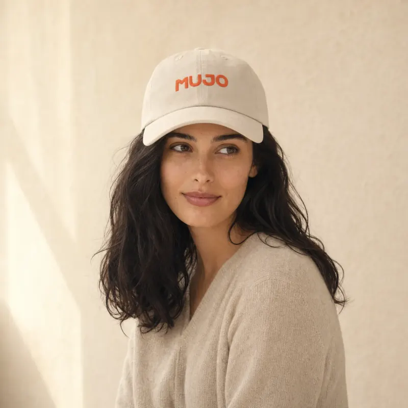 MUJO baseball hat in Stone, worn