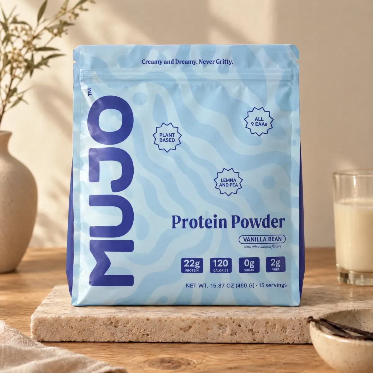 Protein Powder pouch, front view, on travertine